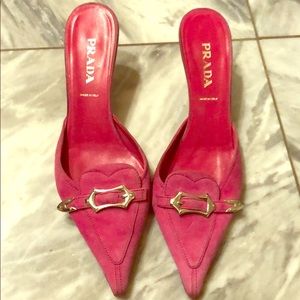 Hot pink suede pointed toe open back kitten heels